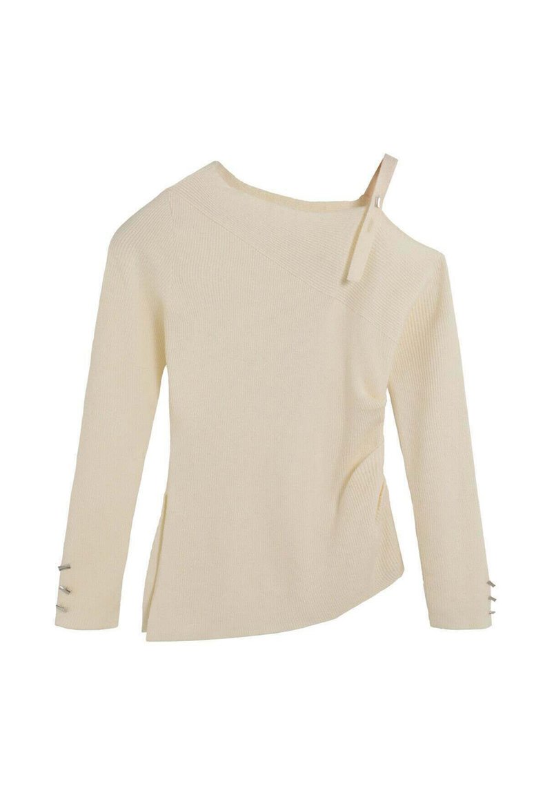 Top de punto acanalado color crema con escote asimétrico y una sola tira en el hombro. Presenta aberturas laterales y tres botones decorativos en los puños.