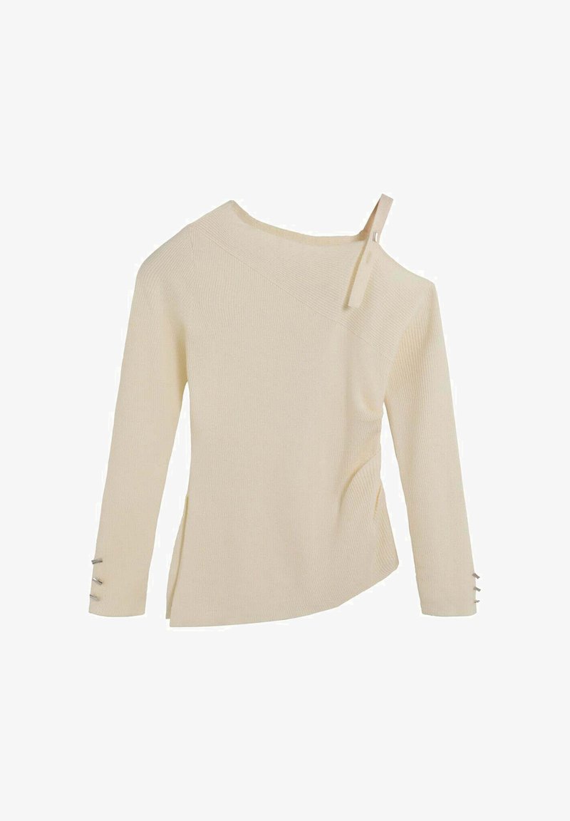Top de punto acanalado color crema con escote asimétrico y una sola tira en el hombro. Presenta aberturas laterales y tres botones decorativos en los puños.