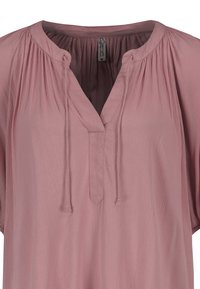 Helles Rosa, kurzärmlige Bluse mit V-Ausschnitt, gefalteten Details und Kordelzugakzenten. Weicher, strukturierten Stoff mit lockerer Passform.