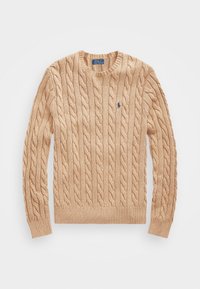 Maglione beige a maglia con maniche lunghe, polsini e orlo a coste, con un piccolo logo blu sul petto. Tessuto morbido e testurizzato.