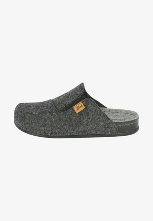 Gray felt slipper with a cushioned sole, slip-on design, and a leather accent near the opening. Features curved toe and sturdy construction.