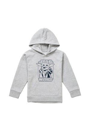 Light grey hooded sweatshirt with front pouch pocket featuring outlined drawing of Baby Yoda and "Star Wars" text in black.