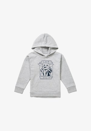 Hellgrauer Kapuzenpullover mit Fronttasche und einer schwarzen Umrisszeichnung von Baby Yoda sowie dem Schriftzug "Star Wars".