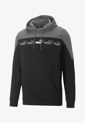 Černá a šedá mikina s kapucí, která má klokaní kapsu, žebrované manžety a bílé logo umístěné přes hruď.