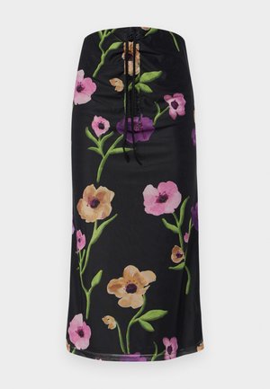 Midi sukně s květinovým potiskem na černém pozadí, s velkými růžovými, purpurovými a béžovými květinami, stahovací šňůrkou v pase, hladká látka.