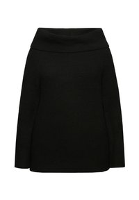 Schwarzer schulterfreier Pullover mit geripptem Muster, langen Ärmeln und lockerer Passform. Einfach, einfarbig ohne zusätzliche Muster oder Akzente.