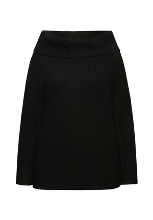 Černý svetr bez ramínek s ribbenou texturou, dlouhými rukávy a volným střihem. Jednoduchá, jednobarevná varianta bez dalších vzorů nebo doplňků.