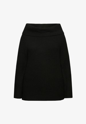 Suéter negro de hombros al descubierto con textura acanalada, mangas largas y un corte holgado. Color sólido y simple, sin patrones o acentos adicionales.