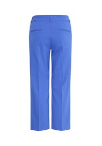 Pantalon bleu sur mesure montré de dos avec des passants de ceinture et deux poches arrière horizontales.