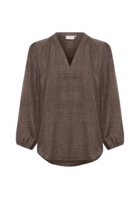 Blusa marrón, texturizada, con escote en V, mangas largas abullonadas y dobladillo curvado. La tela parece ligera y transpirable.