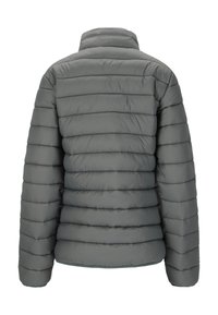 Graue Steppjacke mit horizontalem Steppmuster, hohem Kragen und elastischen Bündchen. Glattes, leichtes Material, das für Wärme sorgt.