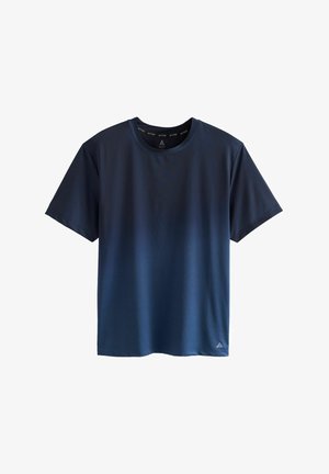 Navyblaue Kurzarm-T-Shirt aus glattem Stoff, mit Rundhalsausschnitt und einem dezenten geometrischen Muster am Saum.