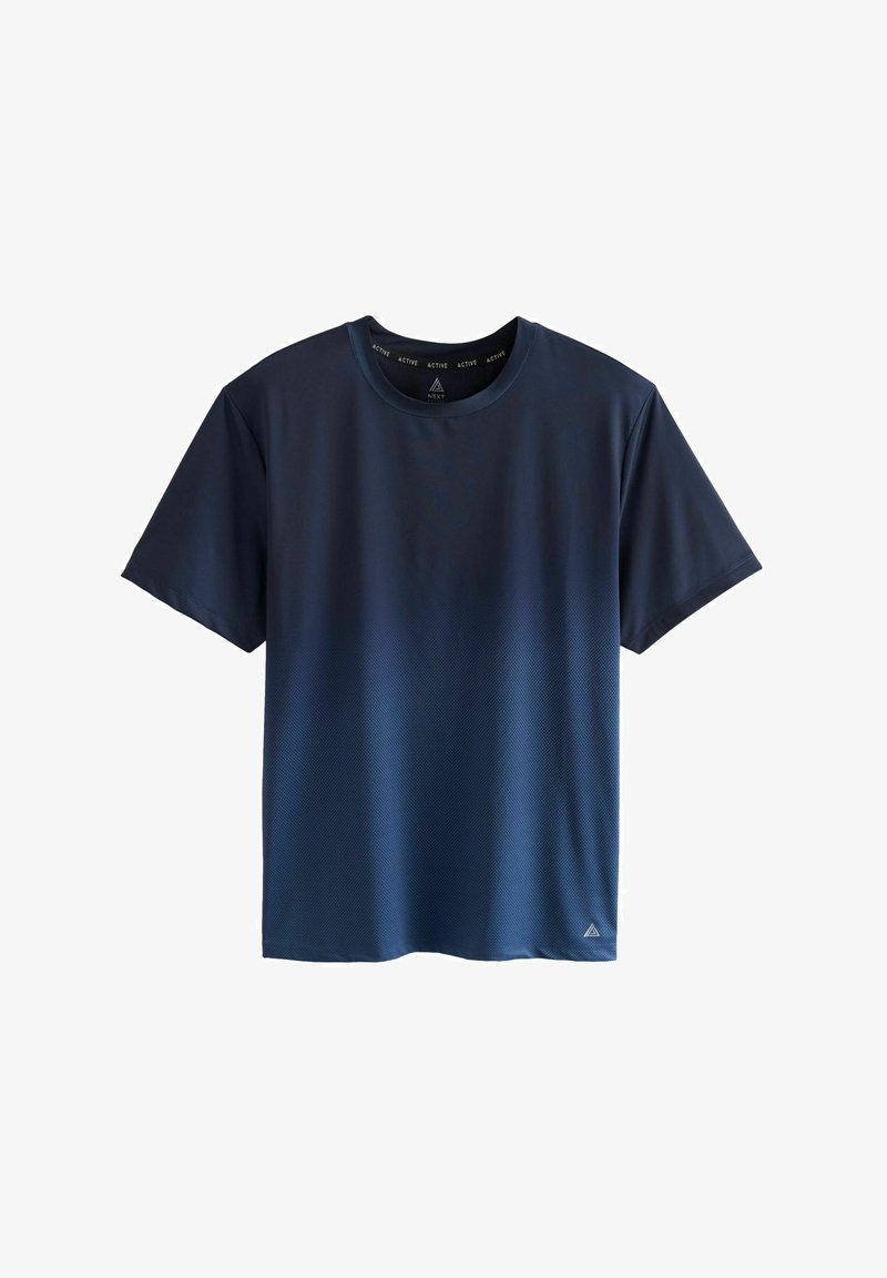 Camiseta de manga corta azul marino fabricada en tejido suave, con cuello redondo y un sutil patrón geométrico cerca del dobladillo.