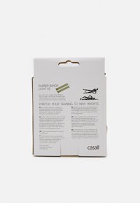 Des élastiques en caoutchouc emballés dans une boîte en carton rectangulaire, présentant des élastiques vert clair, étiquetés avec des instructions d'utilisation et des spécifications.