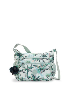 Sac bandoulière avec un imprimé de feuilles de palmier tropical en vert menthe, doté d'un porte-bijoux en peluche, d'une sangle ajustable et de plusieurs compartiments zippés.