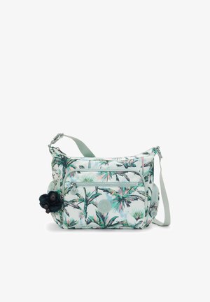 Sac bandoulière avec un imprimé de feuilles de palmier tropical en vert menthe, doté d'un porte-bijoux en peluche, d'une sangle ajustable et de plusieurs compartiments zippés.