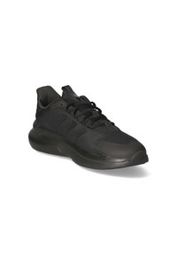 Black athletic shoe with mesh upper and smooth rubber sole. Features logo accents and rounded toe design. Lace-up closure.