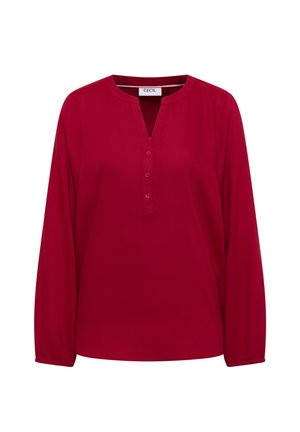 Rød langærmet bluse med V-udskæring, knaplukning og elastiske manchetter. Glat stof med ensfarvet design. Mærkebl label: CECIL.