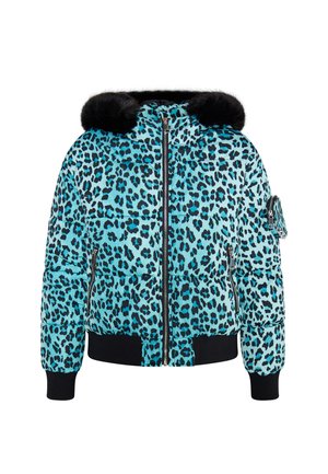 Blaues Leopardenmuster-Pufferjacke mit einer schwarzen Kunstfellkapuze, Reißverschluss, zwei seitlichen Taschen und gerippten Manschetten und Saum.