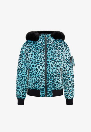 Blaues Leopardenmuster-Pufferjacke mit einer schwarzen Kunstfellkapuze, Reißverschluss, zwei seitlichen Taschen und gerippten Manschetten und Saum.