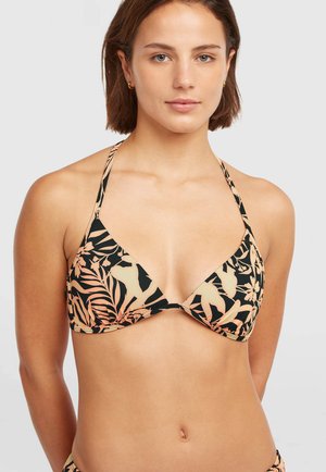Čierny horný diel bikín s broskyňovým kvetinovým vzorom, trojuholníkovými košíčkami, šnúrkami za krk a zapínaním uprostred s viazaním. Hladká textúra, priliehavý strih.