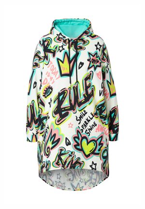 Hooded oversized pullover in white with colorful graffiti patterns including hearts, crowns, and stars. Features a rounded hem and drawstrings.