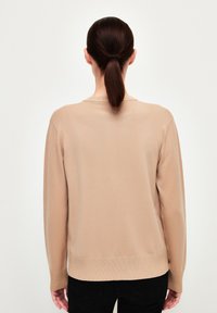 Pull en tricot beige avec un col rond, des poignets et un ourlet côtelés. Texture lisse et coupe décontractée, présenté de dos.