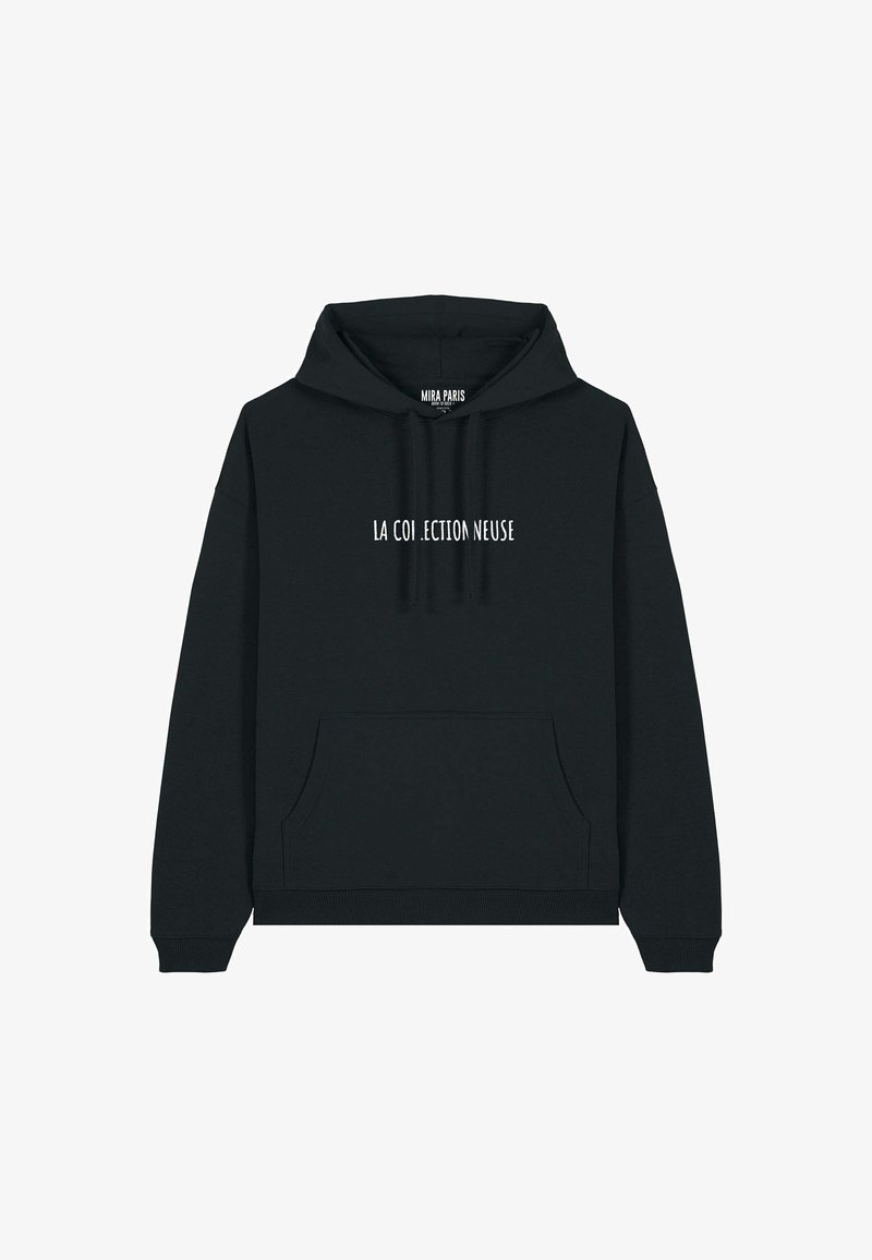 Felpa nera in cotone con tasca frontale, cappuccio con cordino e testo "LA COL.LEC.TION NEUSE" in bianco sul petto. Design minimalista.