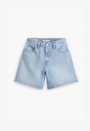 Light blue denim shorts with a high waist, featuring front pockets, a button closure, and a straight fit design. Classic stitched hem.