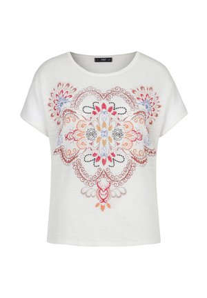 Biała bluzka z krótkim rękawem z kolorowym, symetrycznym haftem kwiatowym w patternach czerwonych, pomarańczowych, fioletowych i czarnych na przodzie.