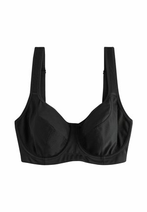 Svart bh med en strukturerad design, underwire-stöd, breda justerbara remmar och en slät koppfinish för komfort och passform.