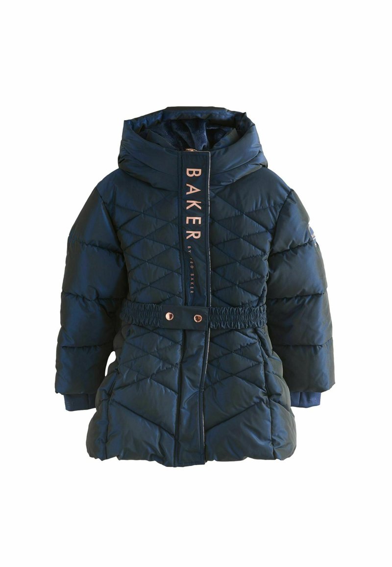 Marinefarbener Daunenjacke, mit Rautenmuster, hohem Kragen, verstellbarem Bund mit Elastik, markiert mit "BAKER" und Akzenten in kupferfarbener Hardware.
