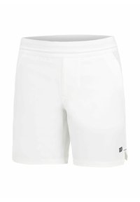 Pantalones cortos deportivos blancos con una cinturilla de malla transpirable, costuras planas, bolsillos laterales y un pequeño logo negro en la parte inferior izquierda.