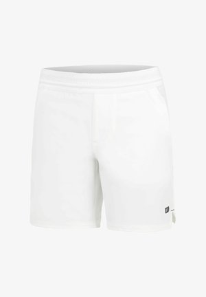 Shorts sportivi bianchi con una vita in rete traspirante, cuciture piatte, tasche laterali e un piccolo logo nero sul lato sinistro in basso.