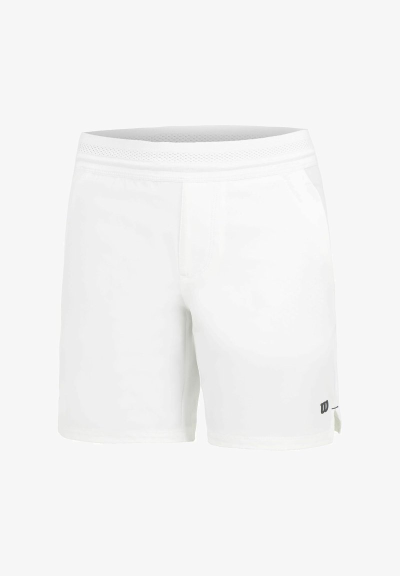 Weiße Sportshorts mit einem atmungsaktiven Meshbund, flachen Nähten, seitlichen Taschen und einem kleinen schwarzen Logo auf der linken unteren Seite.