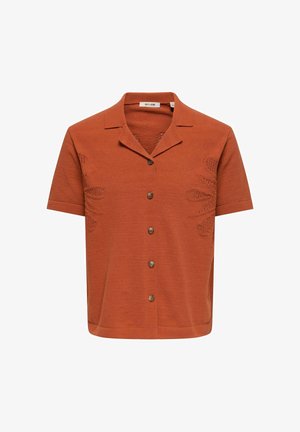 Roostevärvi lühikeste varrukatega kootud särk sälgkraega, viie ees oleva nööbi ja peente lillakujuliste avatud mustritega külgedel.