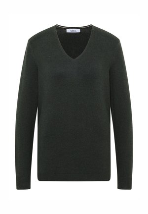 Donkergroen, lange mouwen V-hals gebreide trui met geribde manchetten en hem, gelabeld met "CECIL" aan de binnenkant van de kraag.