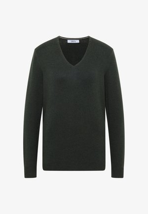 Donkergroen, lange mouwen V-hals gebreide trui met geribde manchetten en hem, gelabeld met "CECIL" aan de binnenkant van de kraag.