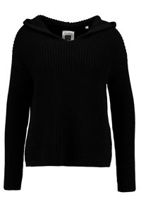 Maglione nero lavorato a maglia con un ampio cappuccio, texture a costine, maniche lunghe e una vestibilità comoda. Presenta un'etichetta sul collo.