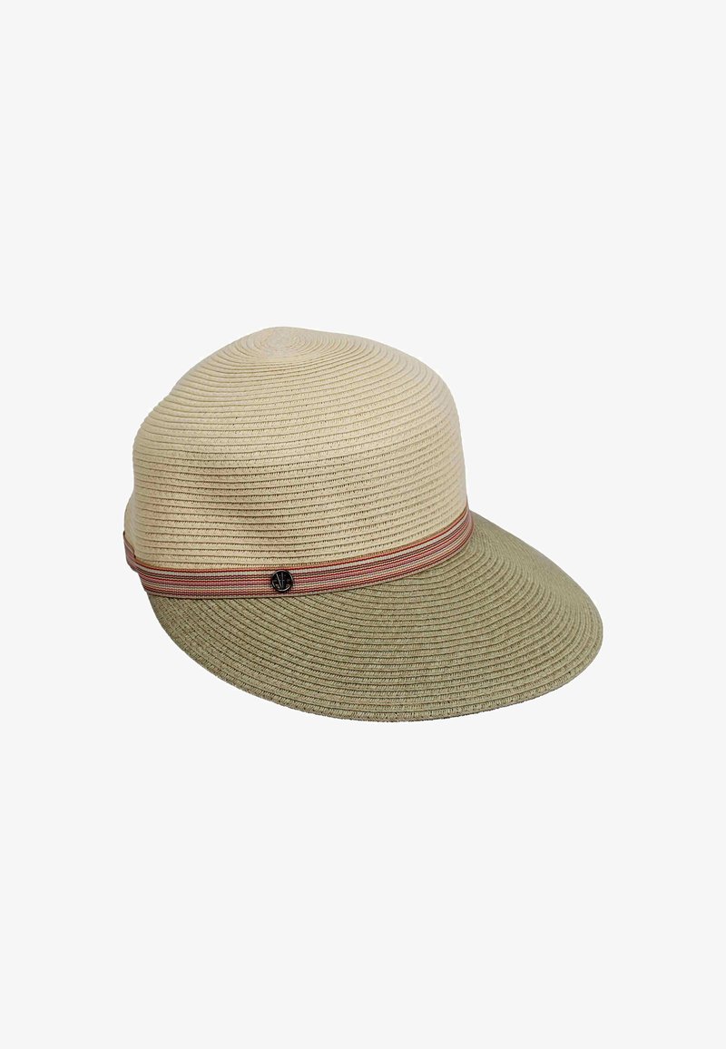 Austu salmu cepure ar noapaļotu kroni, khaki un krēmkrāsas toņos, ar sarkanu joslu apvalkā. Sānos ir neliels apaļš logotips.