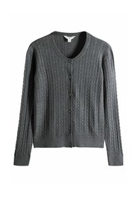 Dunkelgrauer Strickcardigan mit langen ÄRMELN, rundem Halsausschnitt und sechs vorderen Knöpfen, auf einem weißen Hintergrund präsentiert.