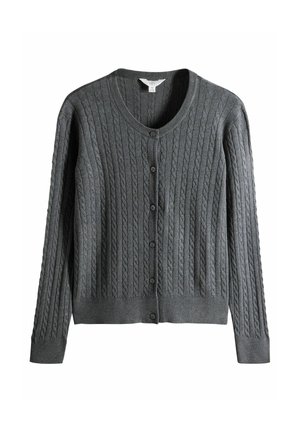 Cardigan a maglia grigia scuro con maniche lunghe, scollo tondo e sei bottoni frontali, esposto su uno sfondo bianco.