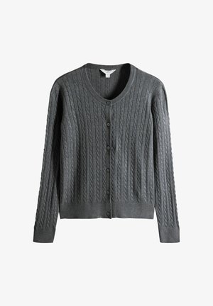 Cárdigan de punto cable en gris oscuro con mangas largas, cuello redondo y seis botones en la parte delantera, exhibido sobre un fondo blanco.