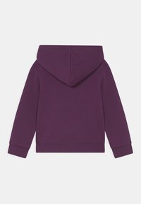 Sudadera con capucha de color púrpura, fabricada en tejido suave, con mangas largas y un bolsillo tipo canguro. La vista trasera no muestra elementos de diseño adicionales.