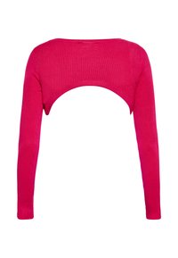Ribbet strikket crop top i lys pink, med lange ærmer og et åbent rygdesign med en afrundet skæring ved midten af ryggen.