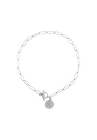 Bracciale in argento con maglie allungate, chiusura a gancio e un ciondolo circolare con superficie texturizzata.