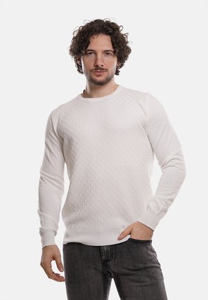 Maglione bianco a maglia con motivo testurizzato sul davanti, polsini e orlo a coste. Abbinato a jeans scuri. Il modello si trova davanti a uno sfondo semplice.