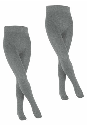 Leggings gris texturé avec une taille haute. Le tissu semble doux et élastique, affichant une couleur uniforme sans motifs.