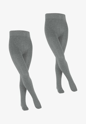 Grijze, gestructureerde leggings met een hoge tailleband. De stof lijkt zacht en elastisch, met een uniforme kleur zonder patronen.