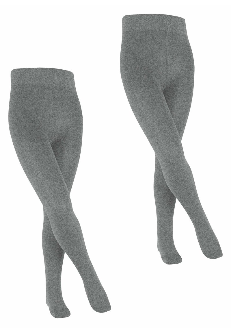 Leggings grigi con texture e vita alta. Il tessuto appare morbido ed elastico, con un colore uniforme e senza motivi.
